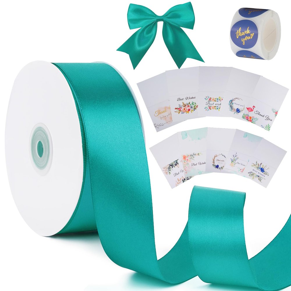 1-1/2 inch Peacock Blue Solid Satin Ribbon with Thank You Cards & Stickers,50 Yards Ribbon for Bows Bouquet,Gift Wrapping,Wedding,Floral Arrangement,Christmas Decorations
