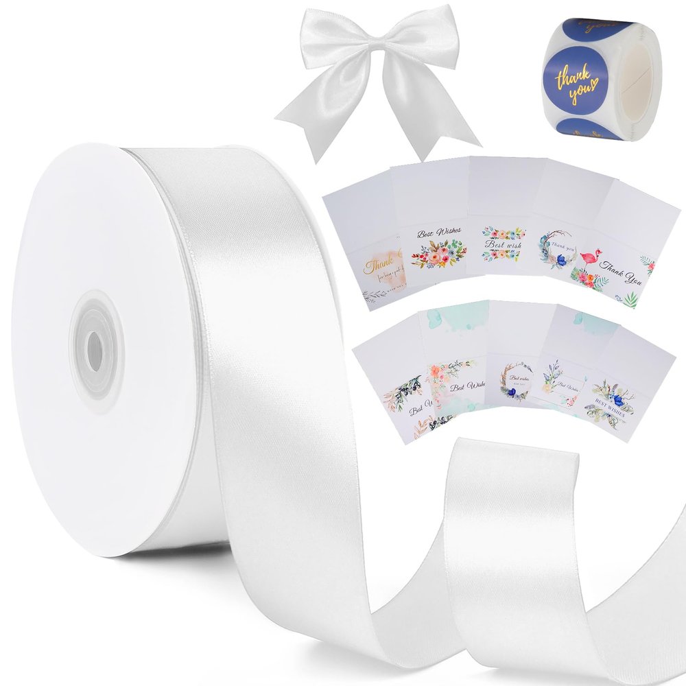 1-1/2 inch White Solid Satin Ribbon with Thank You Cards & Stickers,50 Yards Ribbon for Bows Bouquet,Gift Wrapping,Wedding,Floral Arrangement,Christmas Decorations
