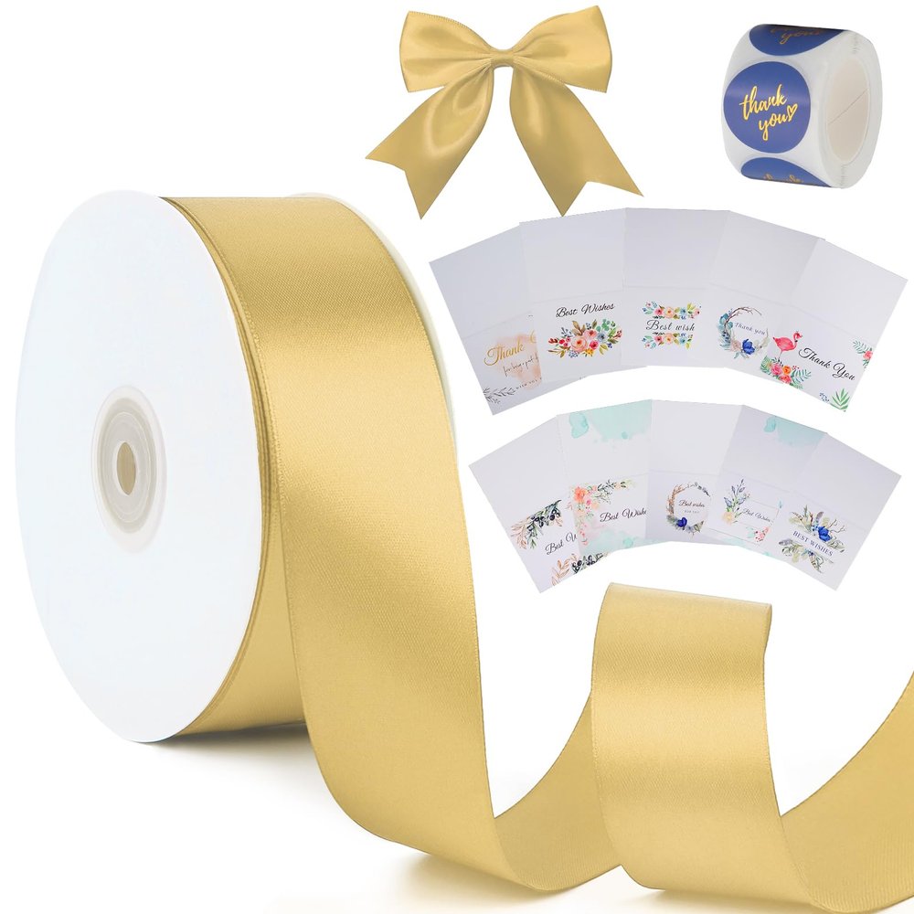 1-1/2 inch Champagne Gold Solid Satin Ribbon with Thank You Cards & Stickers,50 Yards Ribbon for Bows Bouquet,Gift Wrapping,Wedding,Floral Arrangement,Christmas Decorations