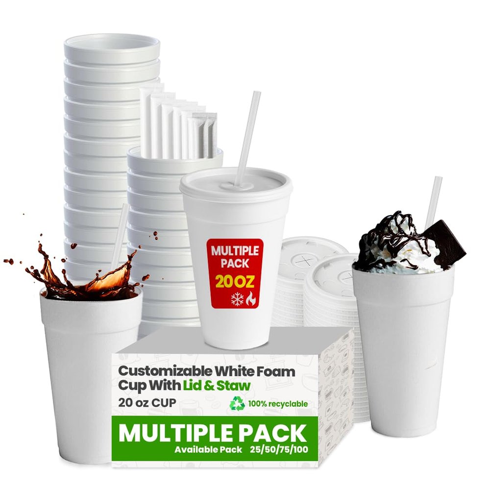 20oz Foam Coffee Cups with Lids & Straws Disposable Insulated Styrofoam Cups for Hot & Cold Drinks Fits Dart 20J16 Lid To-Go, Office, Events [25100 Pack] (100 Pack - 20oz, 100.0, Count)