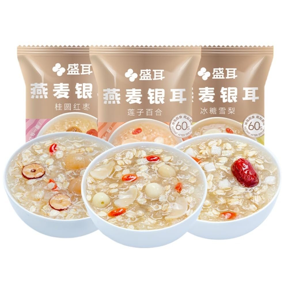 3 Flavors Freeze Dried Oats Tremella Soup Instant Food Quick Meal Nutritious Vegan Breakfast Easy to Make Hot Drink (Lianzi Baihe taste 10 packs)
