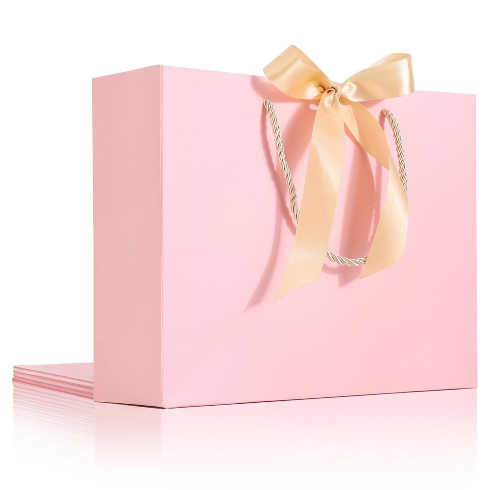 EUSOAR Pink Gift Bags,3pcs 10.6"x3.1"x8.3" Thank You Kraft Paper Bags with Handles Bow Ribbon, Shopping Gift Treat Paper Bag Bulk for Party Favor Wedding Guests Bridal Anniversary Birthday