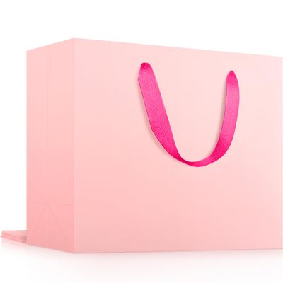 EUSOAR Large Pink Gift Bags, 3 Pack 16x6x12 inches Shopping Paper Bags with Handles Bulk, Retail Kraft Wrapping Paper Bag for Wedding, Craft Grocery, Boutique, Party Favor, Business