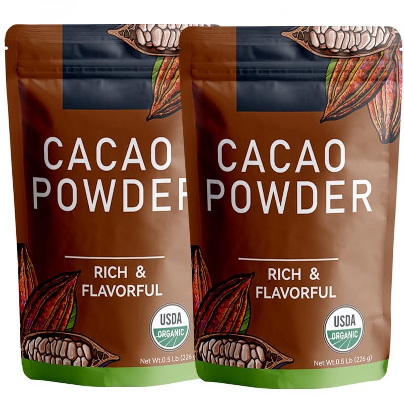 226g/2pack, Organic Cacao Powder - Unsweetened Dark Cocoa for Keto & Paleo Baking, Rich Chocolate Flavor, Non-GMO, Vegan, Gluten-Free, Resealable Bag