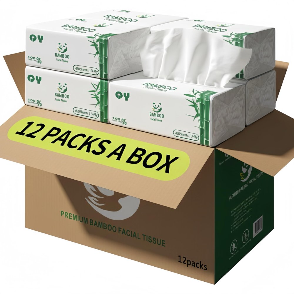 QingYa Soft Durable Bamboo Facial Tissues - 3 Ply bleached Facial Paper Dry or Wet Use 12 Packs(150 Tissue per Pack, 1800 Tissues Total