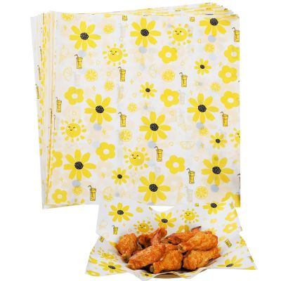 KIKISML 200 PCS Wax Deli Paper Sheets 12 * 12 Inch, Food-grade Greaseproof Paper Hamburger Papers Food Basket Liners for Sandwiches, Fries Wrapping for Party, Festival and Outdoors - Sunflower Style