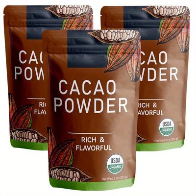 226g/3pack, Premium Raw Cacao Powder - 100% Organic Unsweetened Cocoa for Smoothies & Hot Chocolate, Non-Alkalized, Dairy-Free, Paleo Certified, Resealable Bag