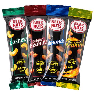 Beer Nuts Variety Packs, Individually Packed Tubes, Original Peanuts, Cashews, Almonds, Fiery Peanuts, The Unique Sweet and Salty Flavor, American Made Since 1953 (30 Counts, All Four)