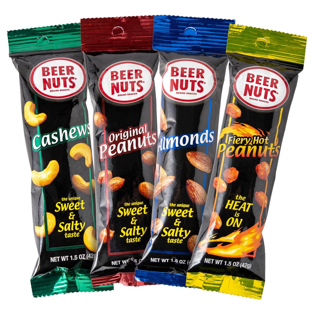 Beer Nuts Variety Packs, Individually Packed Tubes, Original Peanuts, Cashews, Almonds, Fiery Peanuts, The Unique Sweet and Salty Flavor, American Made Since 1953 (30 Counts, All Four)