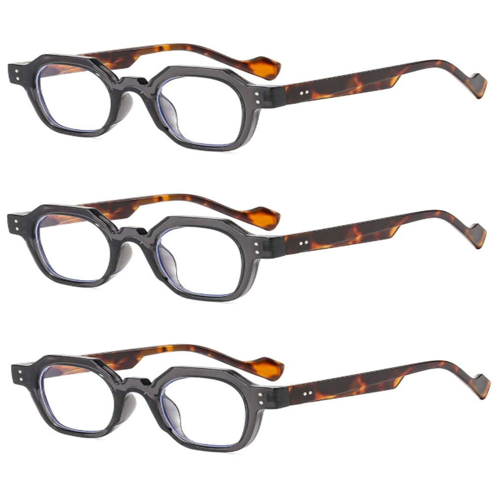 Blue Light Glasses Men Retro Hexagonal Reading Glasses Fashionable Full Frame Elderly Reader Glasses Set of 3 (Grey leopard, 3.5, x)