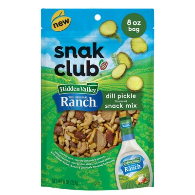 Snak Club Hidden Valley Ranch and Dill Pickle Flavored Snack Mix, Toasted Corn, Roasted Almonds, Peanuts, Salted Cashews, Mini Pretzel Sticks, Rye Bread Chips, 8 oz Resealable Bag