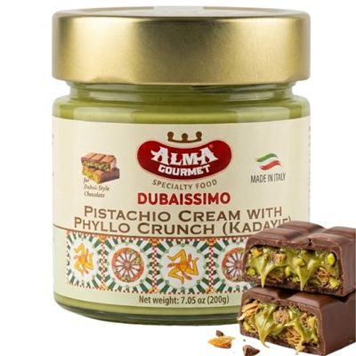 Alma Gourmet Dubaissimo Pistachio Cream with Kadayif 7.05oz (200g) - Original Dubai Chocolate Filling, Pistachio Paste to Spread, Authentic Premium Dessert with Kadayif Crunch, Sweet Snack - Product of Italy