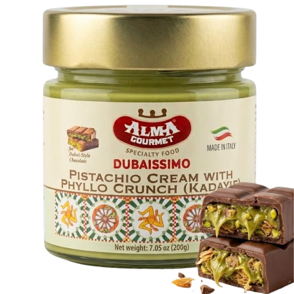 Alma Gourmet Dubaissimo Pistachio Cream with Kadayif 7.05oz (200g) - Original Dubai Chocolate Filling, Pistachio Paste to Spread, Authentic Premium Dessert with Kadayif Crunch, Sweet Snack - Product of Italy