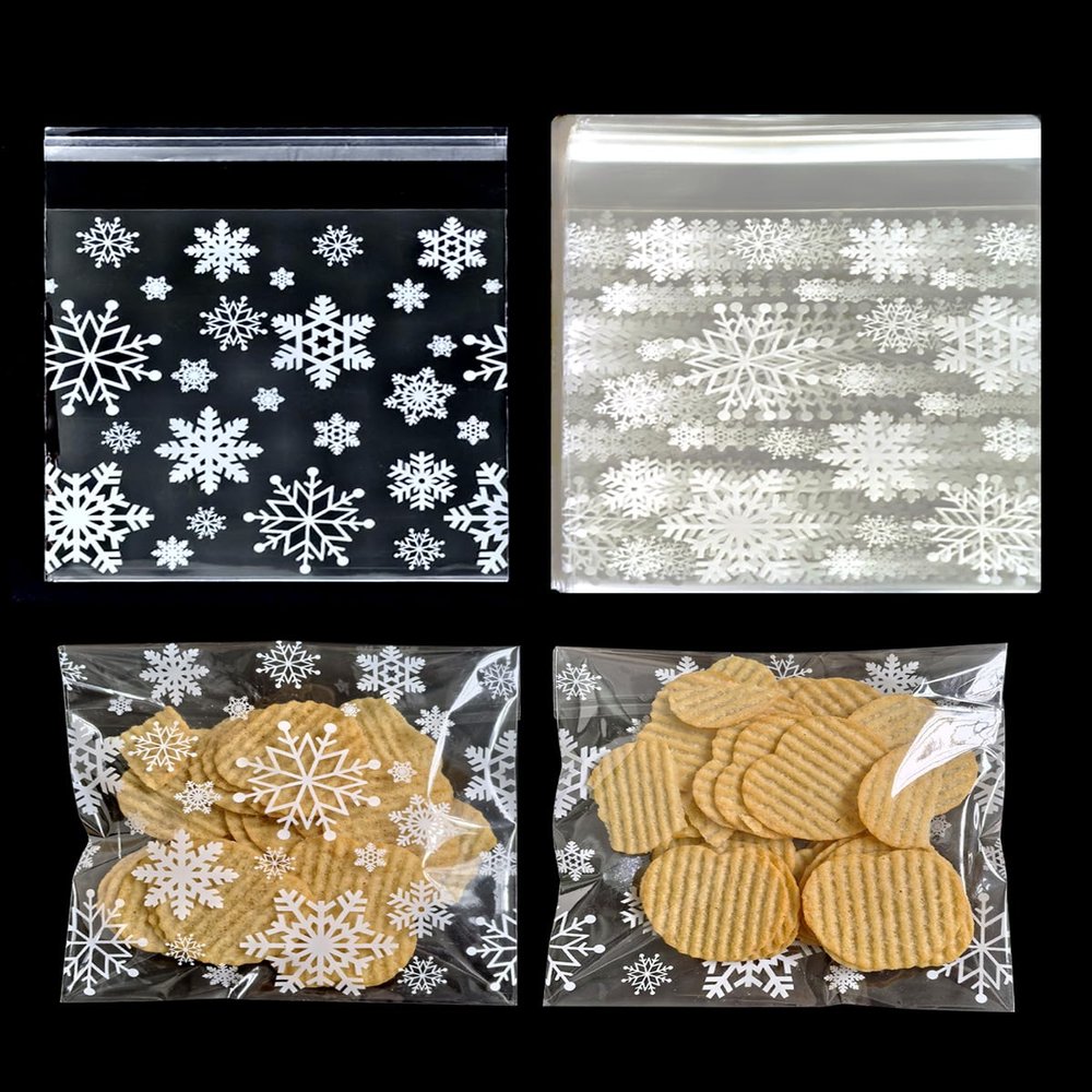 200PCS Cookie Bags for Packaging, 5.5"x5.5" Inches Self Sealing Snowflake Cellophane Bags, Self Adhesive Christmas Treat Bag for Xmas Gift Giving Wrappers, Party Favors