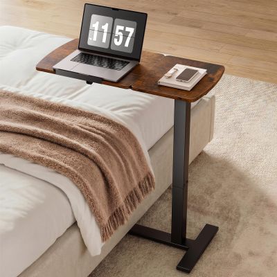 Sakugi Overbed Bedside Table with Wheels, Height Adjustable Laptop Desk, Hospital Bed Table with Right-Side Tilt Top, Rolling Bed Tray for Home & Office, 27.4" L x 13.0" D x 29.1"39" H, Brown