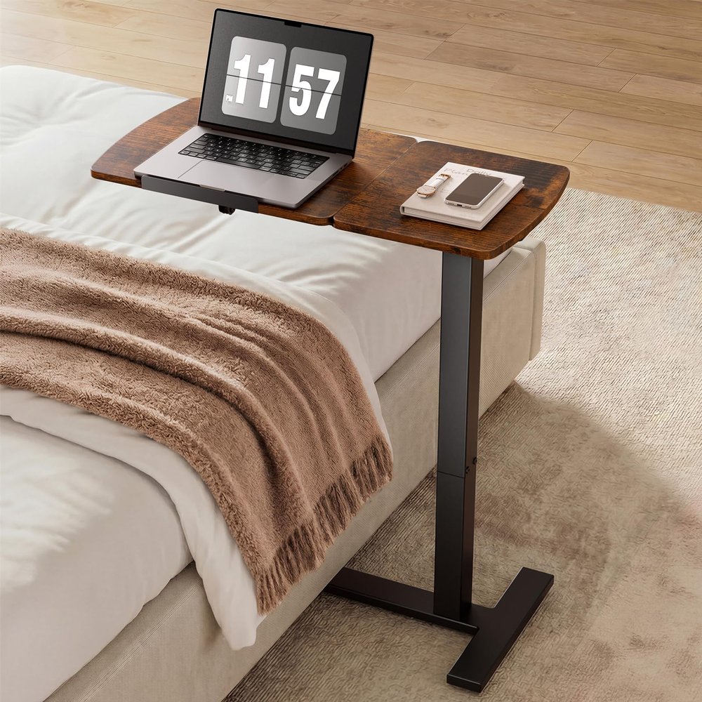 Sakugi Overbed Bedside Table with Wheels, Height Adjustable Laptop Desk, Hospital Bed Table with Right-Side Tilt Top, Rolling Bed Tray for Home & Office, 27.4" L x 13.0" D x 29.1"39" H, Brown