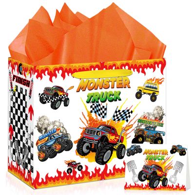GLURUITE 13" Large Monster Truck Gift Bag (Includes Cards, Tissue Paper, and Stickers), Happy Birthday Gift Bag, Truck Theme Birthday Party Supplies for Boys