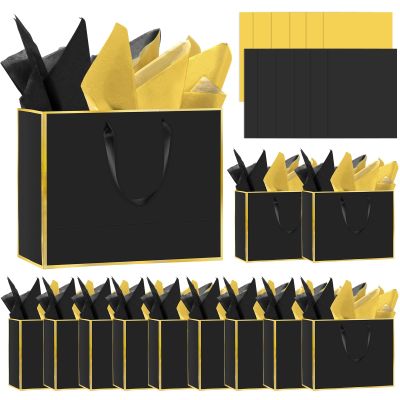 Epoesch 12 Pack Black Gift Bags with Handles Includes 24 Tissue Paper 11.8"x10"x4" Elegant 5 Senses Gift Bags for Wedding, Bridesmaids, Groomsmen, Guests, Easter, Mother's Day, Holiday (Black Gold)