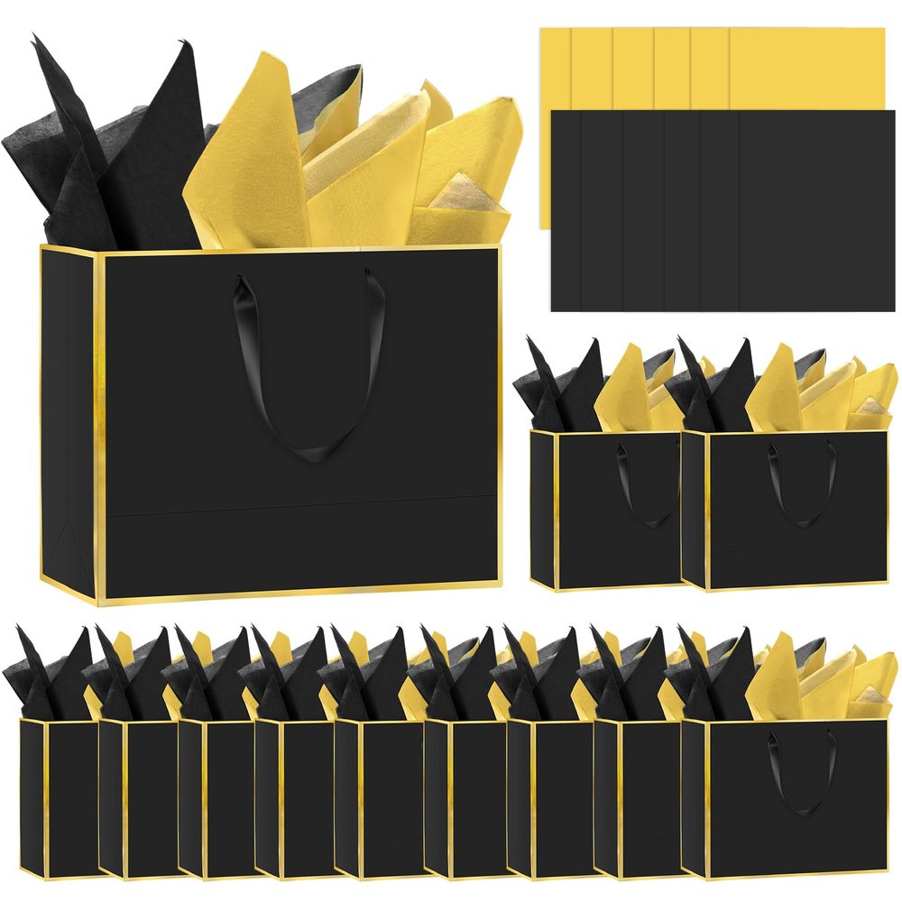 Epoesch 12 Pack Black Gift Bags with Handles Includes 24 Tissue Paper 11.8"x10"x4" Elegant 5 Senses Gift Bags for Wedding, Bridesmaids, Groomsmen, Guests, Easter, Mother's Day, Holiday (Black Gold)