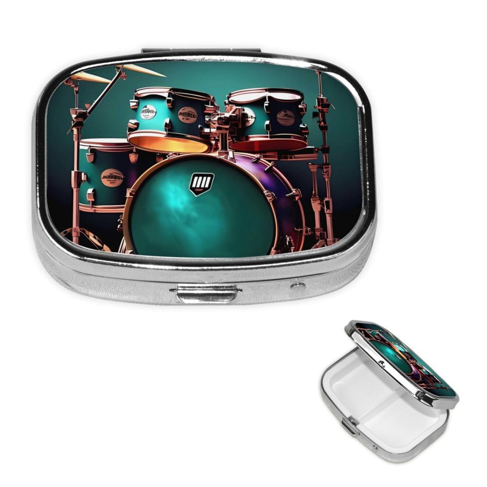 Cool Drum Set Pill Box with Mirror, 2 Compartment Small Pill Case for Purse Or Pocket Mini Metal Pill Holder Travel Weekly Medicine Tablet Vitamin Holder Organizer Travel Gifts