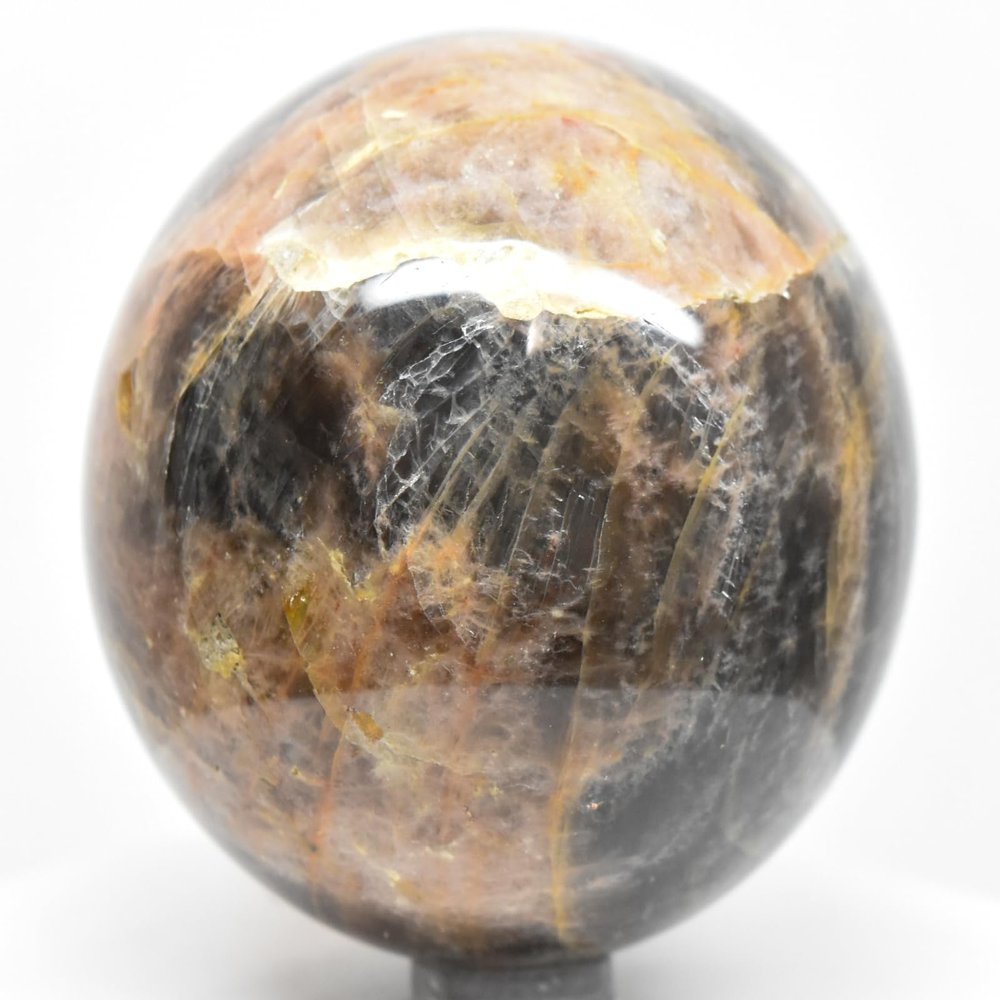 2.5" 365g Black Orange Moonstone Carved Sphere Polished Natural Sparkling Collectible Feldspar Gemstone Crystal Mineral Ball - Madagascar + Stand