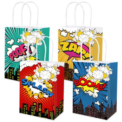 Hero Party Favor Bags with Handles and Labels, 16 Themed Favor Bags, 4 Styles, Ready-to-Use Holiday Party Favors for Baby Showers and Birthday Celebrations
