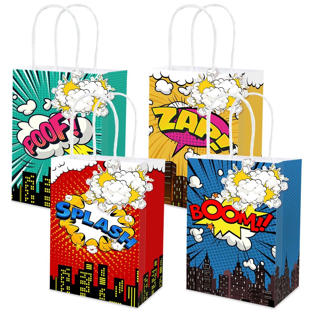 Hero Party Favor Bags with Handles and Labels, 16 Themed Favor Bags, 4 Styles, Ready-to-Use Holiday Party Favors for Baby Showers and Birthday Celebrations