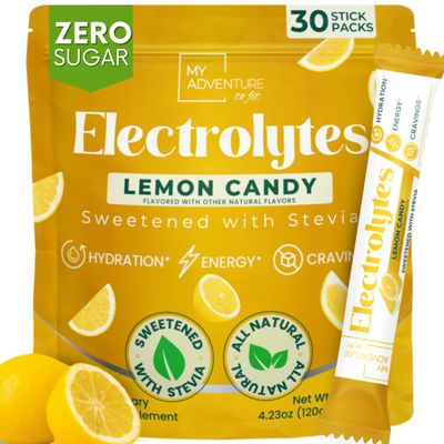 Zero Sugar Lemon Candy Electrolytes Sticks - Refreshing Hydration - Caffeine Free Energy with All Natural Ingredients - Vegan, Keto & Paleo - Sugar Free Electrolytes Powder Drink Mix - 30 Sticks