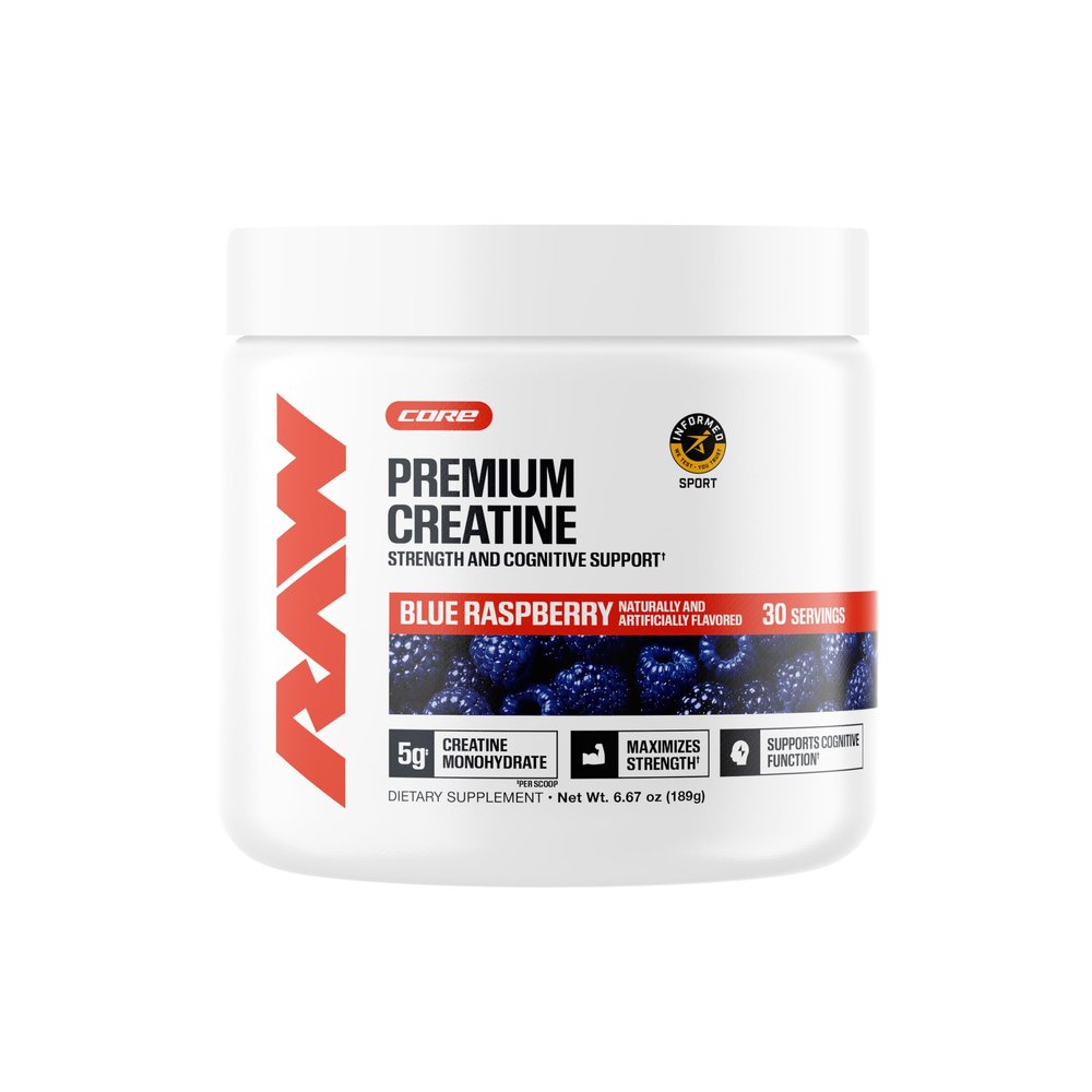 RAW Nutrition Creatine Monohydrate Powder, Blue Raspberry (30 Servings) - Micronized Creatine Monohydrate Supplement for Workout Performance, Build Muscle & Strength - Creatine Powder for Men & Women