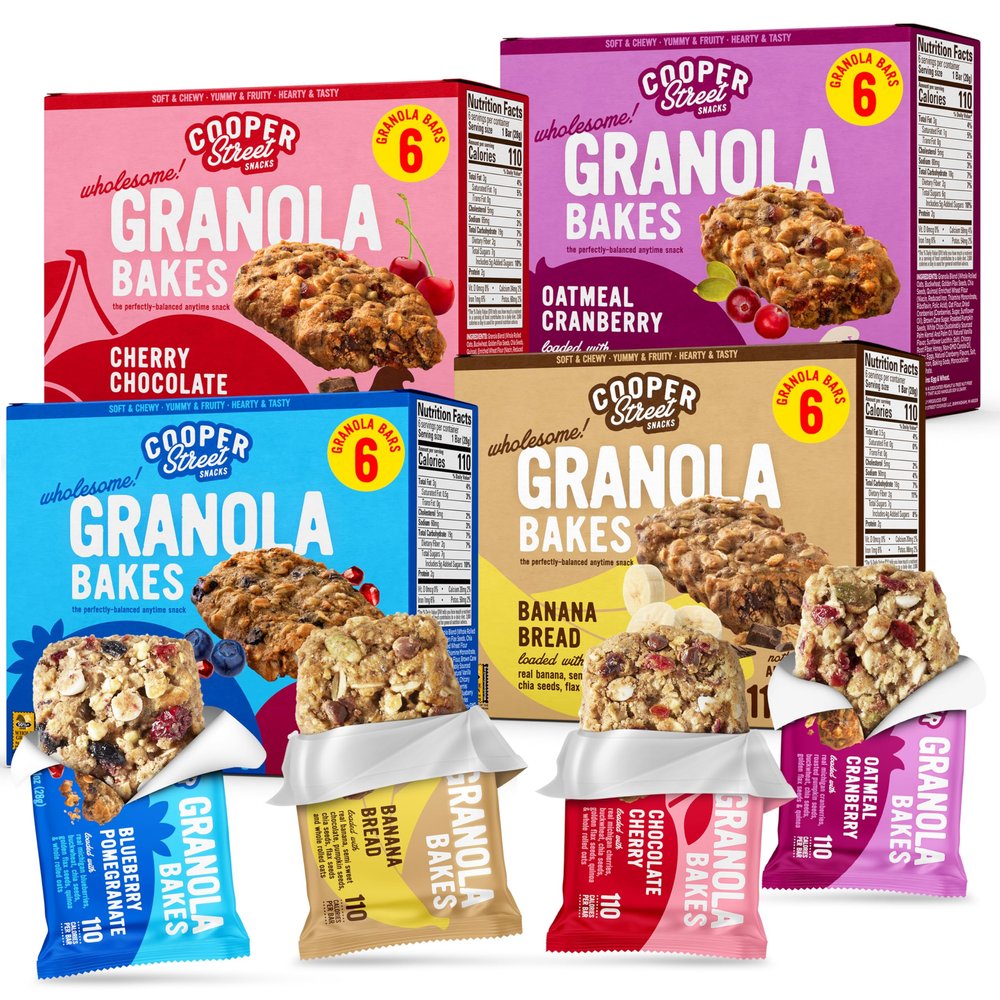 Cooper Street Granola Bakes - Soft Baked Oats, Grain & Seeds Breakfast Granola Bars Variety - Nut & Dairy Free, Low Sodium, Individually Wrapped Healthy Lunchbox Snacks for Kids & Adults - 24 Pack