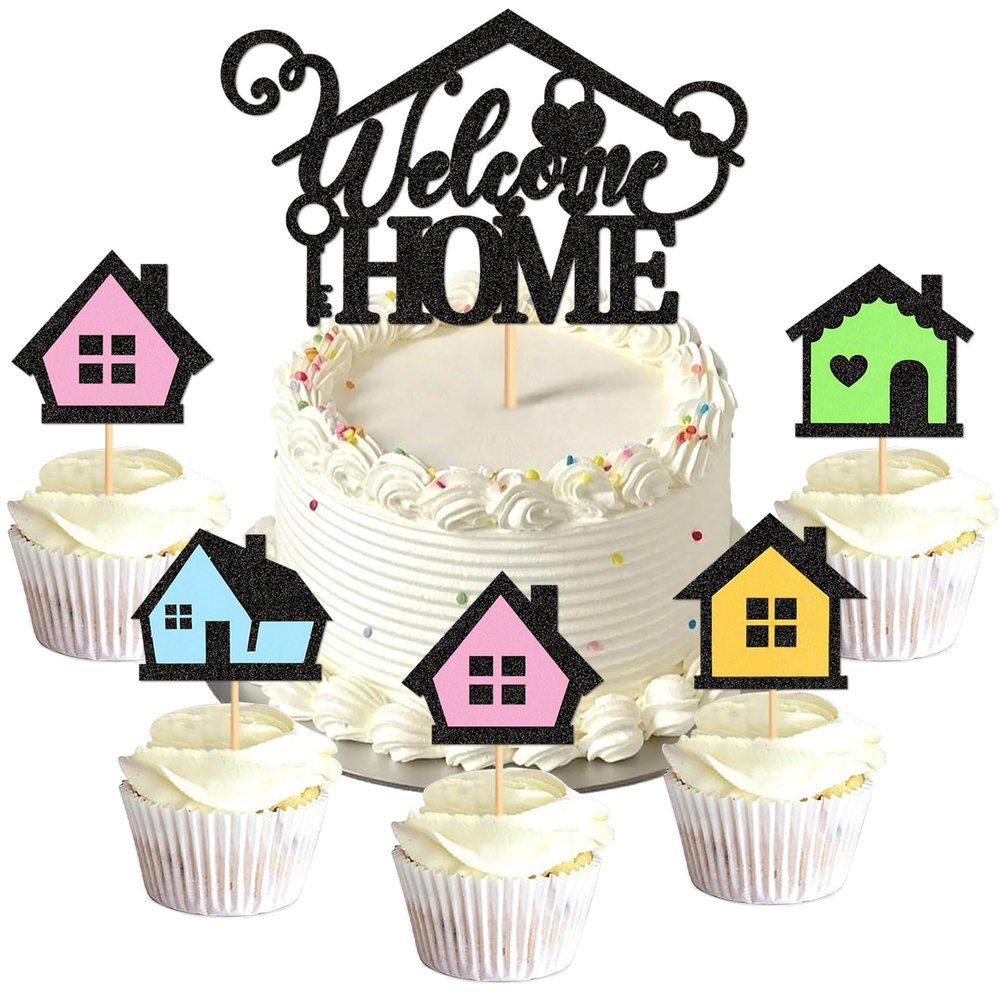 Ercadio 25 Pack Welcome Home Cupcake Toppers Glitter Home Sweet Home Cupcake Picks Colorful House Housewarming Cupcake Toppers New Home Theme Party Cake Decorations Supplies