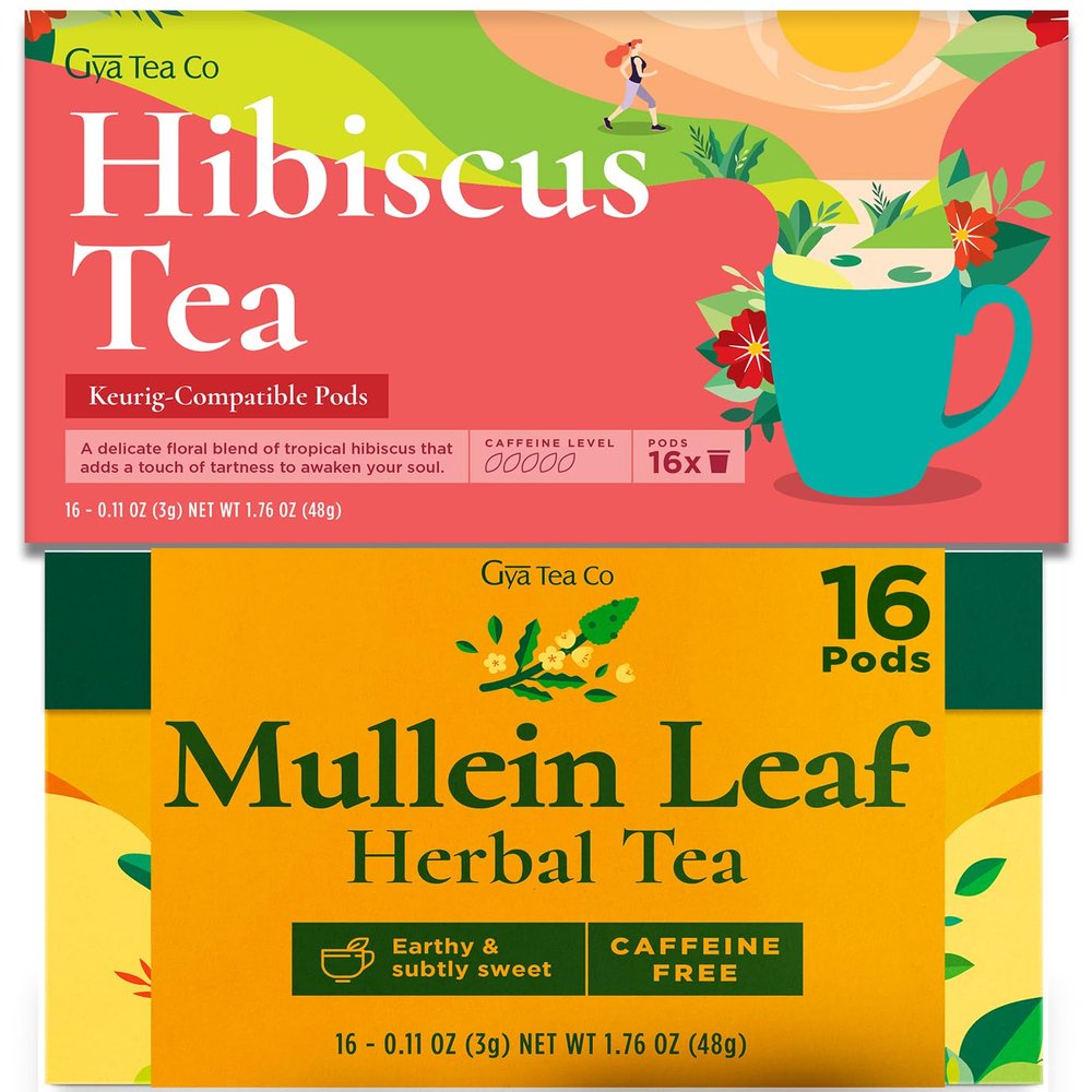Gya Tea Co Hibiscus Herbal Tea Gift Set & Mullein Leaf Herbal Tea Pod - Decaf Wellness Tea (32 ct)
