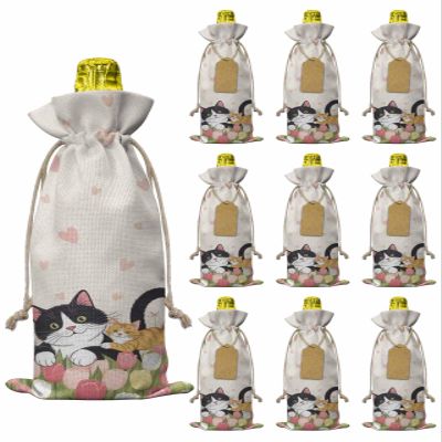10pcs Linen Burlap Wine Bags with Drawstring Japanese Cute Cats Wine Gift Bag with Tags Reusable Wines Bottle Gift Bags for Christmas Birthday Wines Tasting Party Pink Tulip Heart Botanical Pastoral