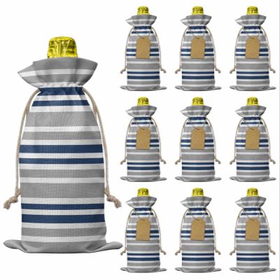 10pcs Linen Burlap Wine Bags with Drawstring Navy Blue Grey Striped Wine Gift Bag with Tags Reusable Wines Bottle Gift Bags for Christmas Birthday Wines Party Horizontal Lines Simple Minimalist