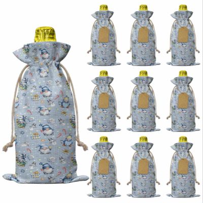 10pcs Linen Burlap Wine Bags with Drawstring Blue Cute Gnomes Wine Gift Bag with Tags Reusable Wines Bottle Gift Bags for Christmas Birthday Wines Tasting Party Supplies Christmas Winter Snowman Gift
