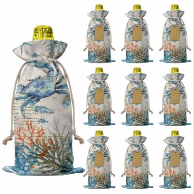 10pcs Linen Burlap Wine Bags with Drawstring Coastal Crab Wine Gift Bag with Tags Reusable Wines Bottle Gift Bags for Christmas Birthday Wines Tasting Party Supplies Vintage Summer Beach Coral Ocean