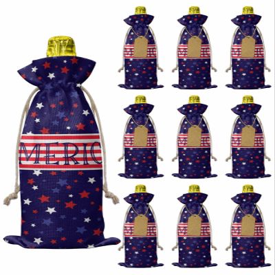 10pcs Linen Burlap Wine Bags with Drawstring Independence Day Wine Gift Bag with Tags Reusable Wines Bottle Gift Bags for Christmas Birthday Wines Tasting Party American Flag Red Blue Star Striped