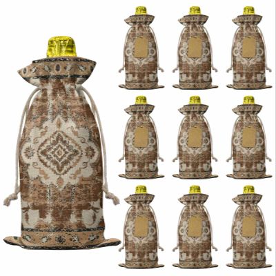 10pcs Linen Burlap Wine Bags with Drawstring Brown Boho Wine Gift Bag with Tags Reusable Wines Bottle Gift Bags for Christmas Birthday Wines Tasting Party Retro Western Rustic Ethnic Tribal Patterns