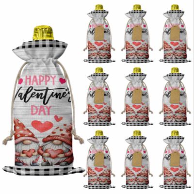 10pcs Linen Burlap Wine Bags with Drawstring Valentine's Day Wine Gift Bag with Tags Reusable Wines Bottle Gift Bags for Christmas Birthday Wines Tasting Party Cartoon Gnomes Love Gray Wooden Plaid
