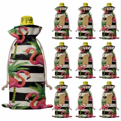 10pcs Linen Burlap Wine Bags with Drawstring Pink Flamingo Wine Gift Bag with Tags Reusable Wines Bottle Gift Bags for Christmas Birthday Wines Tasting Party Palm Leaf Black Striped Tropical Plant