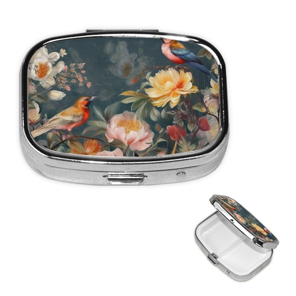 Flowers Birds Pill Box with Mirror, 2 Compartment Small Pill Case for Purse Or Pocket Mini Metal Pill Holder Travel Weekly Medicine Tablet Vitamin Holder Organizer Travel Gifts