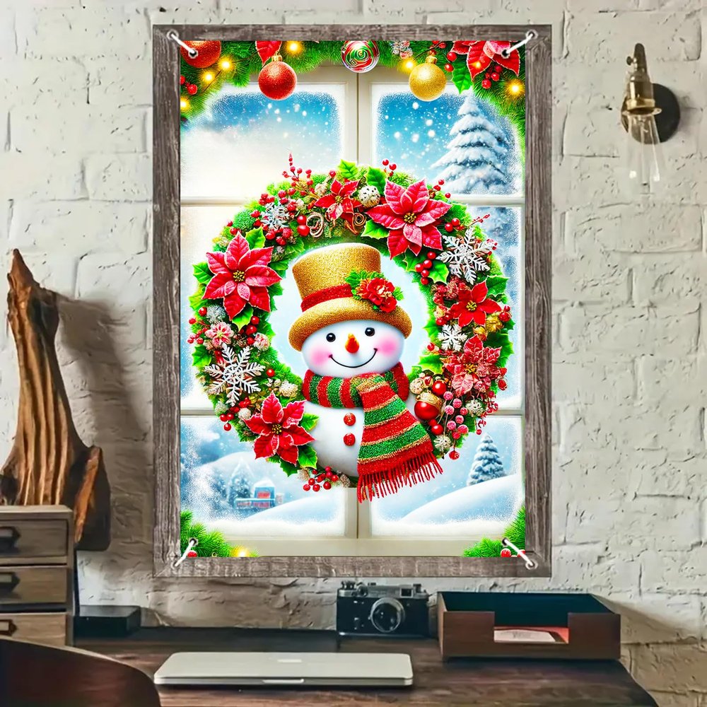 BlissYard Christmas Window Decorations 32x47 Inch Christmas Window Cover Festive Snowman Poinsettias Berries Whimsical Winter Window Art for Indoor Outdoor Holiday Decor Seasonal