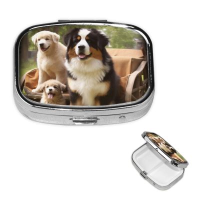 Dog Family Pill Box with Mirror 2 Compartment Decorative Pill Case for Purse or Pocket Small Square Pill Organizer Weekly Metal Medicine Tablet Vitamin Holder Travel Gift