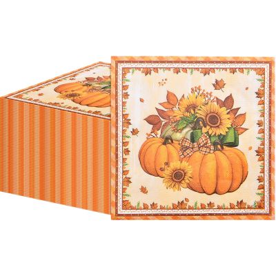 50 Count Thanksgiving Napkins Fall Pumpkin and Sunflower Disposable Paper Napkins for Harvest Table Decor, Autumn Dinner Parties, and Seasonal Entertaining
