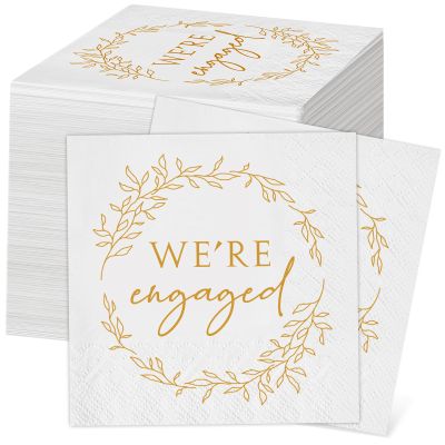 Kosiz 100 Pack We're Engaged Napkins Gift 3 Ply Disposable Paper Engagement Cocktail Napkins for Wedding Party Beverage Dinners Cake Tableware Decorations, 4.5 x 4.5 Inch