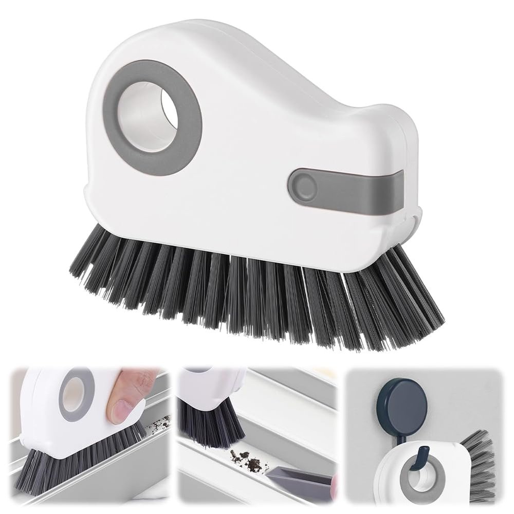 2 in 1 Groove Cleaning Brush, Window Track Cleaning Tools, Multifunction Window Track Cleaner with Hard Bristle and Hidden Scraper, Crevice Brush for Sliding Door Track, Window Seal, Sill (Gray)