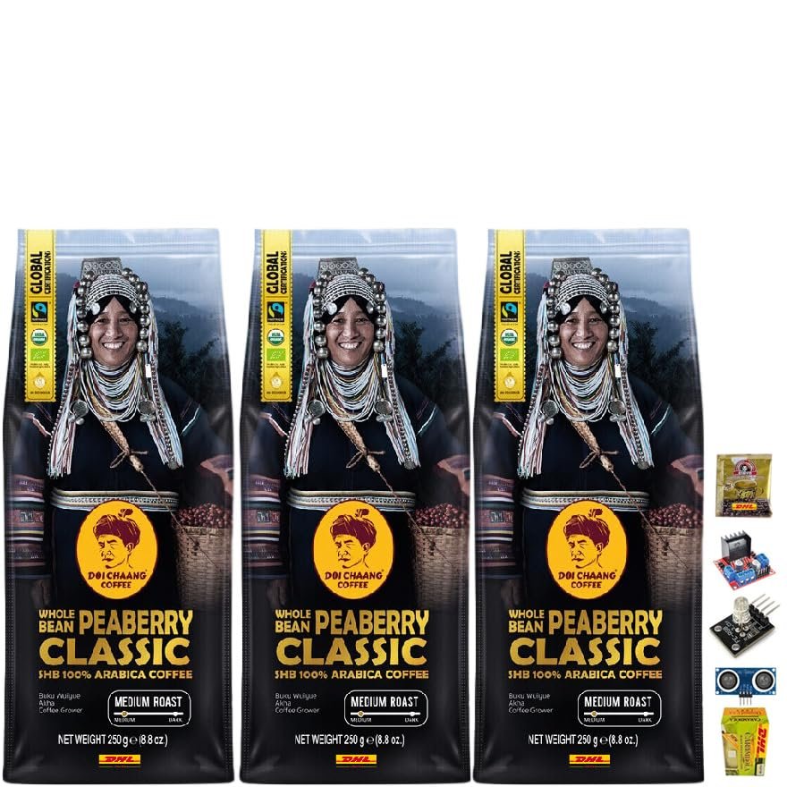 250 Grams Doi Chaang Whole Bean Peaberry Classic Coffee Healthy Vegan Snack Arabica Roasted Snack Delicious Mellow Intense (of 3) By Beautygoodshop [Get Free For You Beauty Gifts]