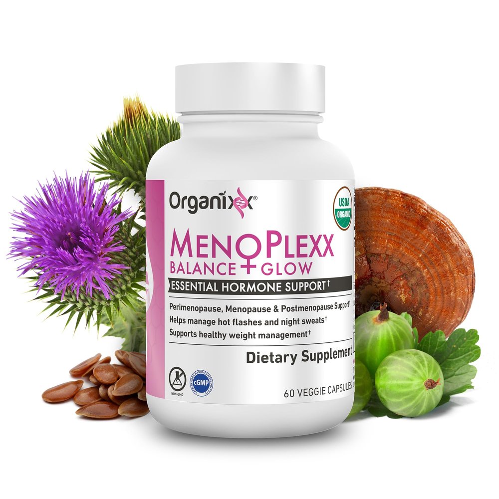 Organixx Menopause Balance + Glow, Womens Supplement with Ashwagandha, Reishi Mushroom, and Milk Thistle, Plant Based Adaptogens and Superfood Blend, Dairy, Soy & Gluten Free, Non GMO, 60 Capsules