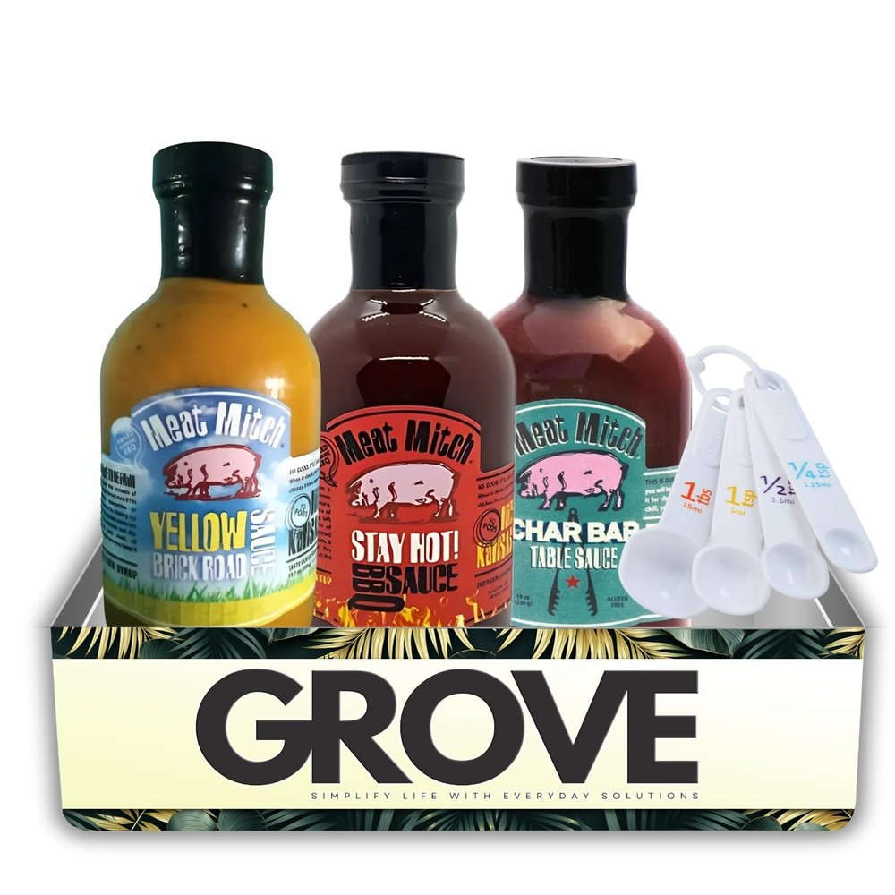 Meat Mitch Yellow Brick Road 19.7 oz + Stay Hot Spicy 19.6 oz + Char Bar BBQ Sauce 19 ounce Bundle with Measuring Spoon 3 Flavor Variety: Sweet, Spicy, Mustard Style Gift Set (4 Items)
