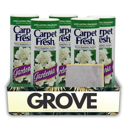 5x Carpet Fresh Gardenia Scent Carpet Odor Eliminator 14 oz Powder Bundle with Microfiber Cleaning Cloth Eliminates Pet Odors, Provides Long-Lasting Freshness Gift Set (6 Items)